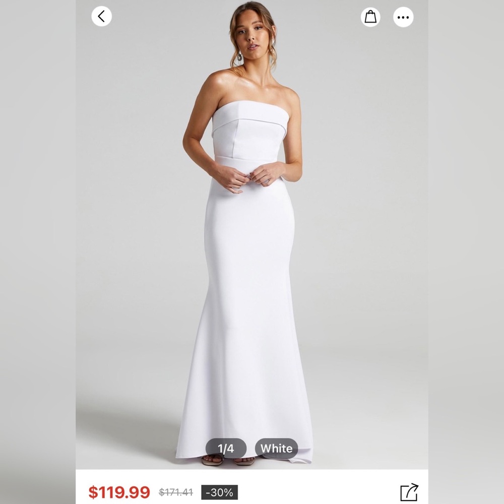 Womens US Size 4 White Simple Strapless Wedding Dress Evening Gown Train